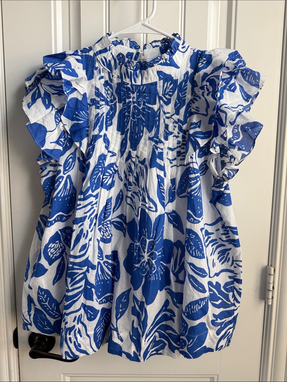 Blue and White Floral Ruffle Sleeve Blouse